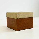 Vintage mid-century beige armchair with wooden frame and ottoman
