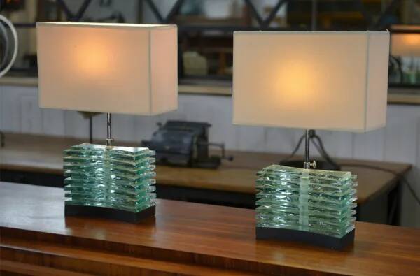 Pair of brutalist lamps in raw glass and beige shades, 1960s