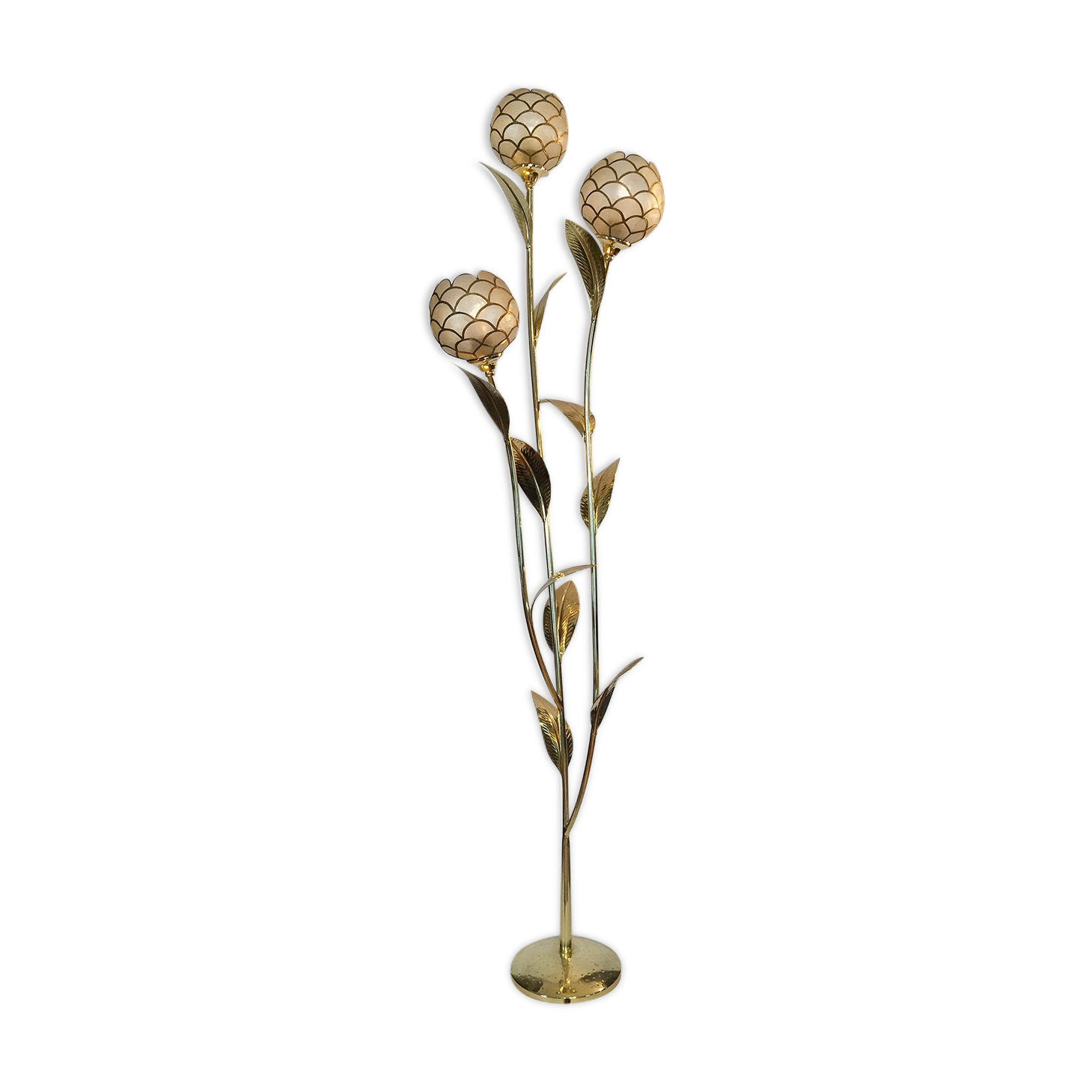 Lampadaire palmier floral laiton et nacre de capiz 1970