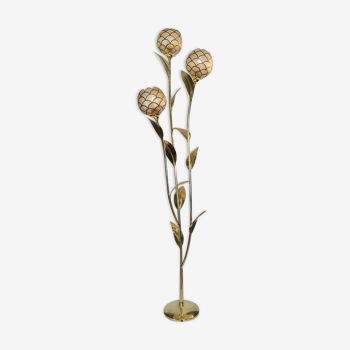 Floor lamp floral palm brass and mother-of-pearl of capiz 1970