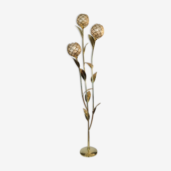 Lampadaire palmier floral laiton et nacre de capiz 1970