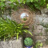 Miroir soleil en rotin 70’