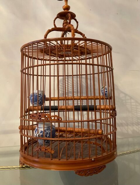 Ancienne cage à oiseaux en bois et rotin