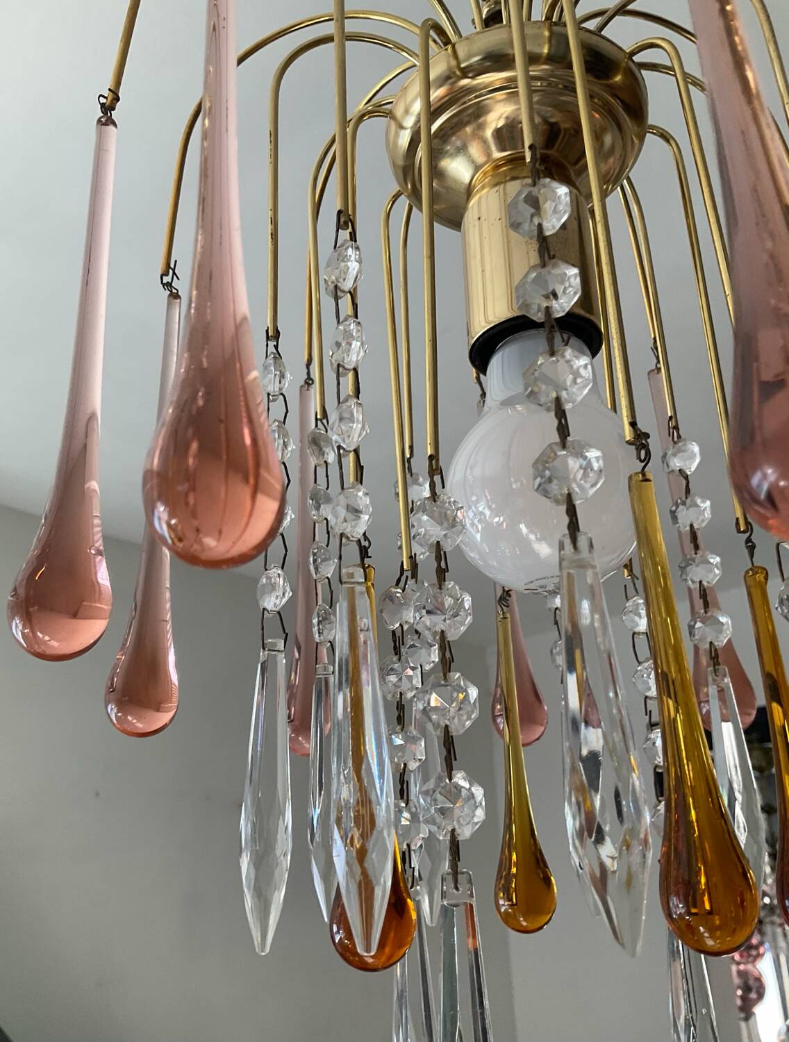 Vintage brass chandelier with glass drop pendants