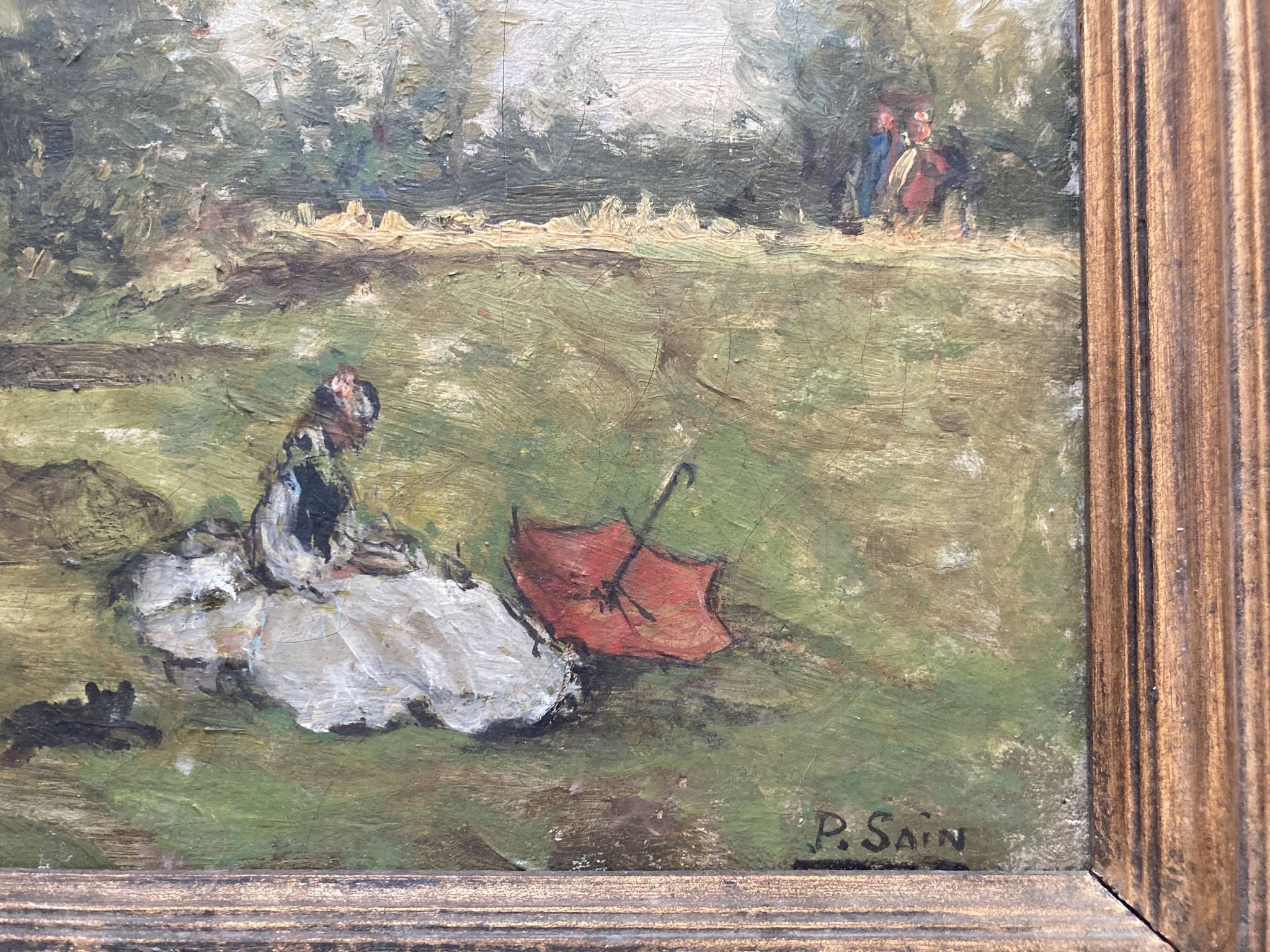 Tableau ancien - scène animée : Elégantes au bord du fleuve - post impressioniste