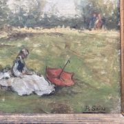Tableau ancien - scène animée : Elégantes au bord du fleuve - post impressioniste