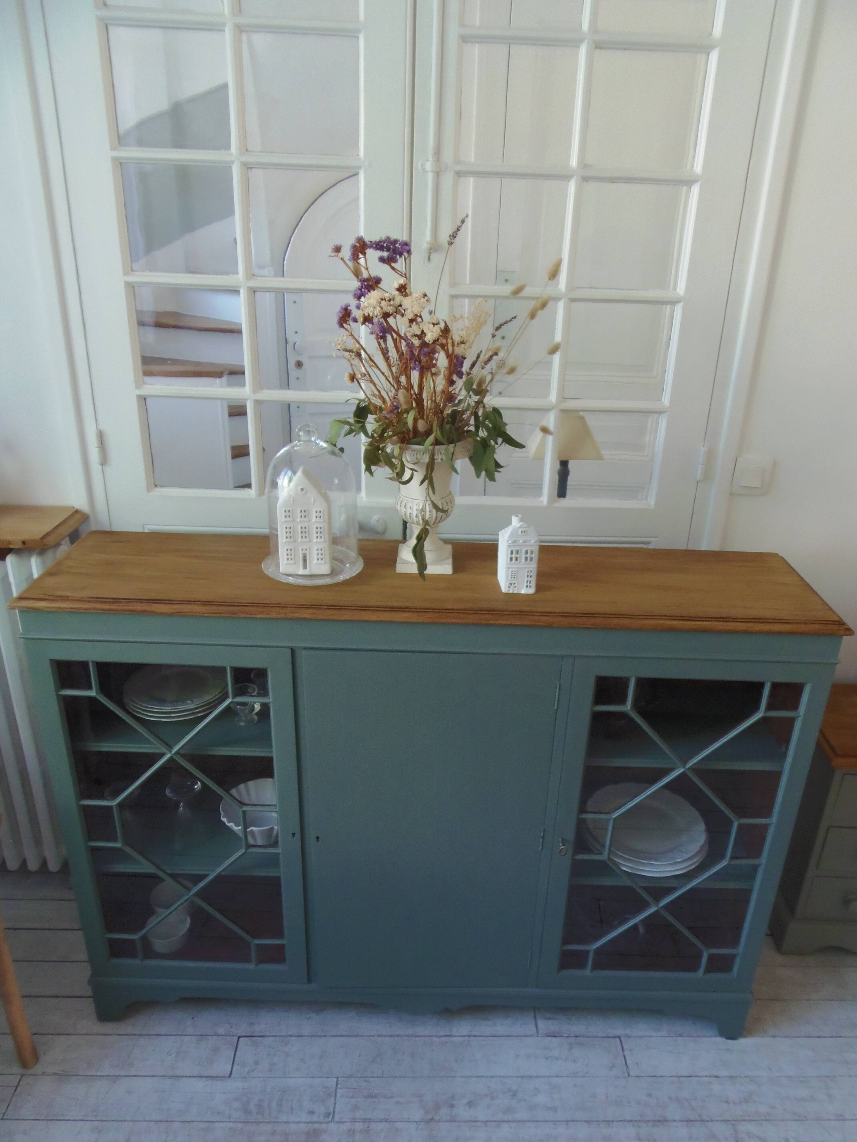 English sideboard, shallow, smoky green, wooden top.