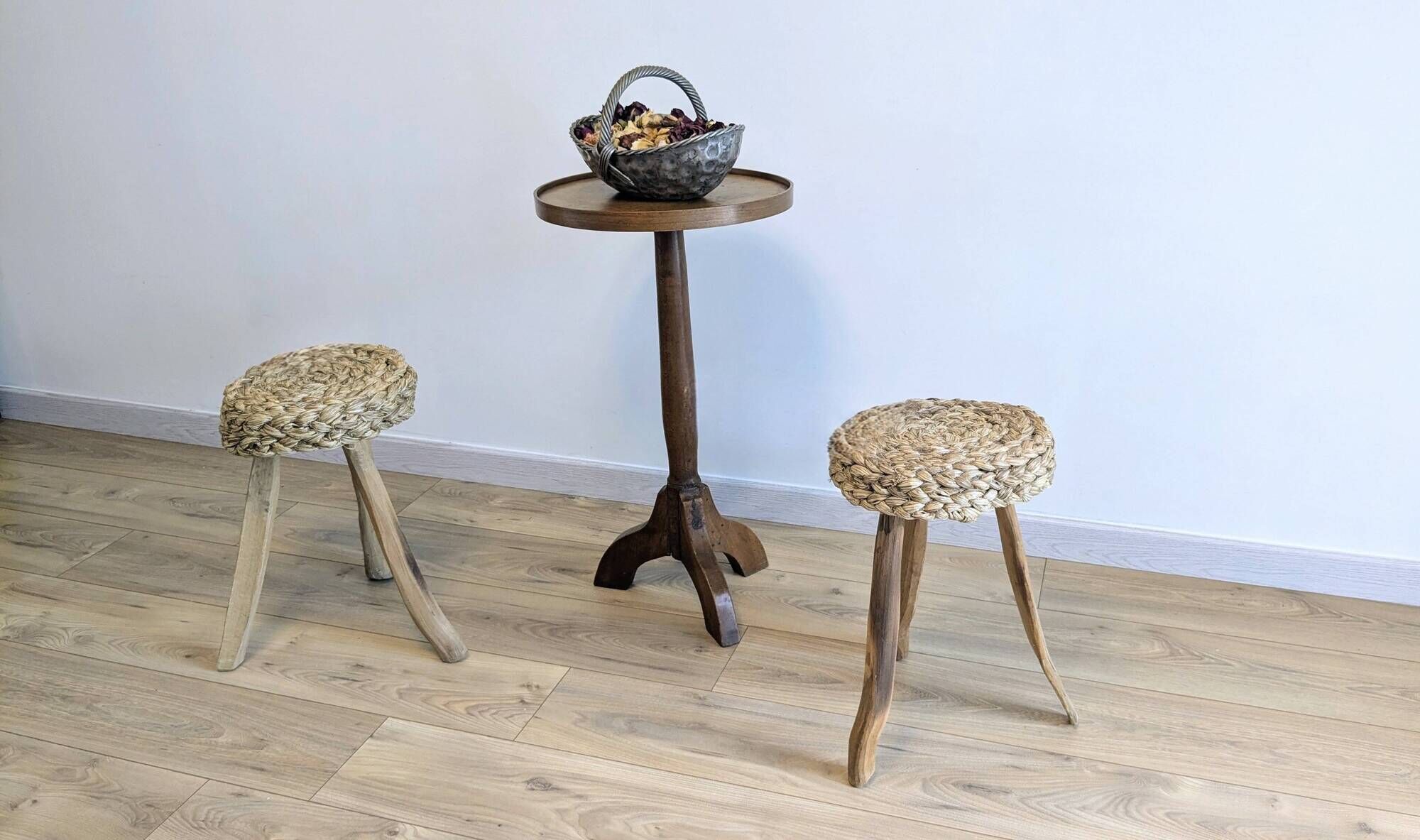 Pair of brutalist tripod stools attributed to Audoux & Minet.