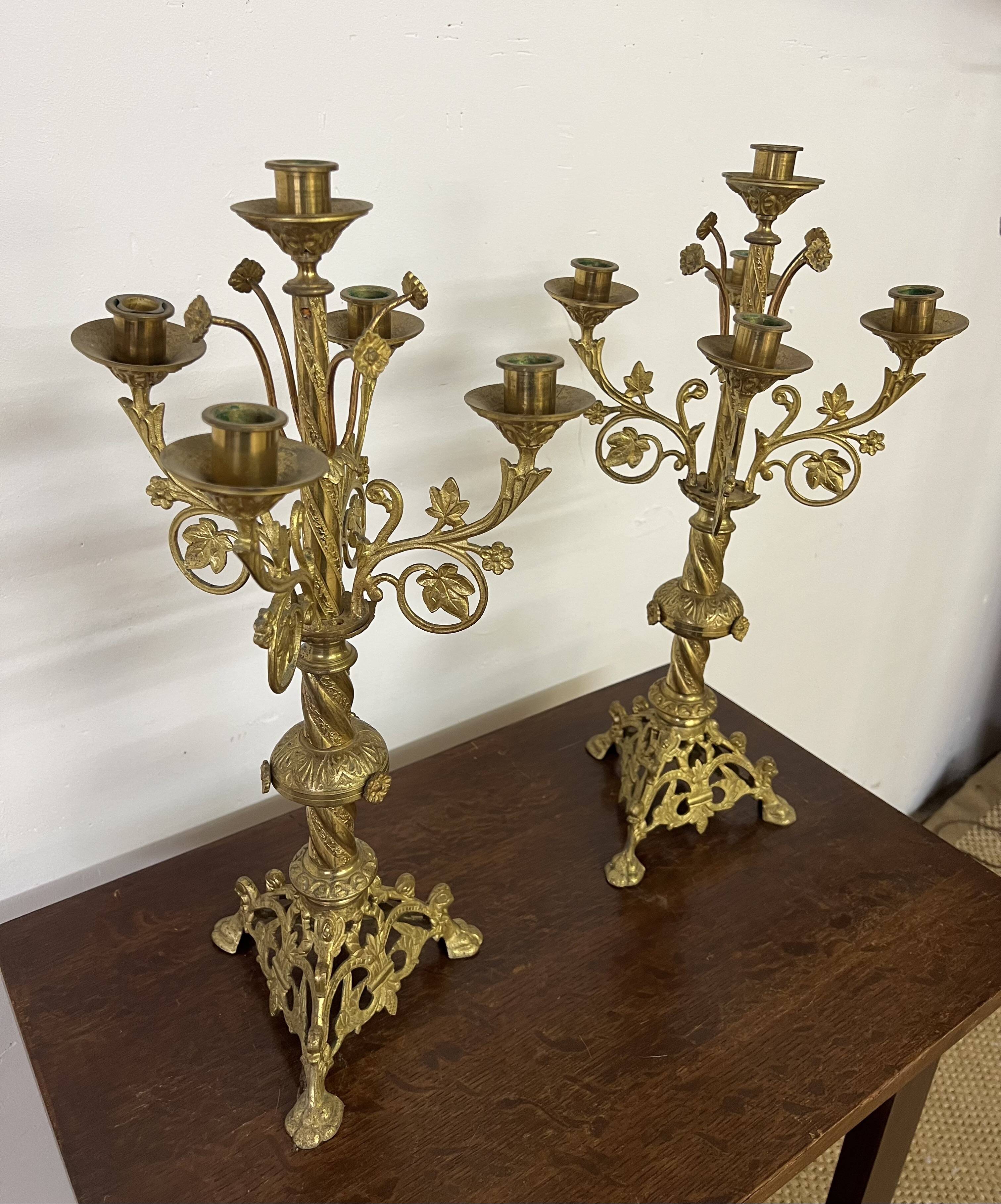 Pair of old altar candelabras in gilded brass from the 19th century