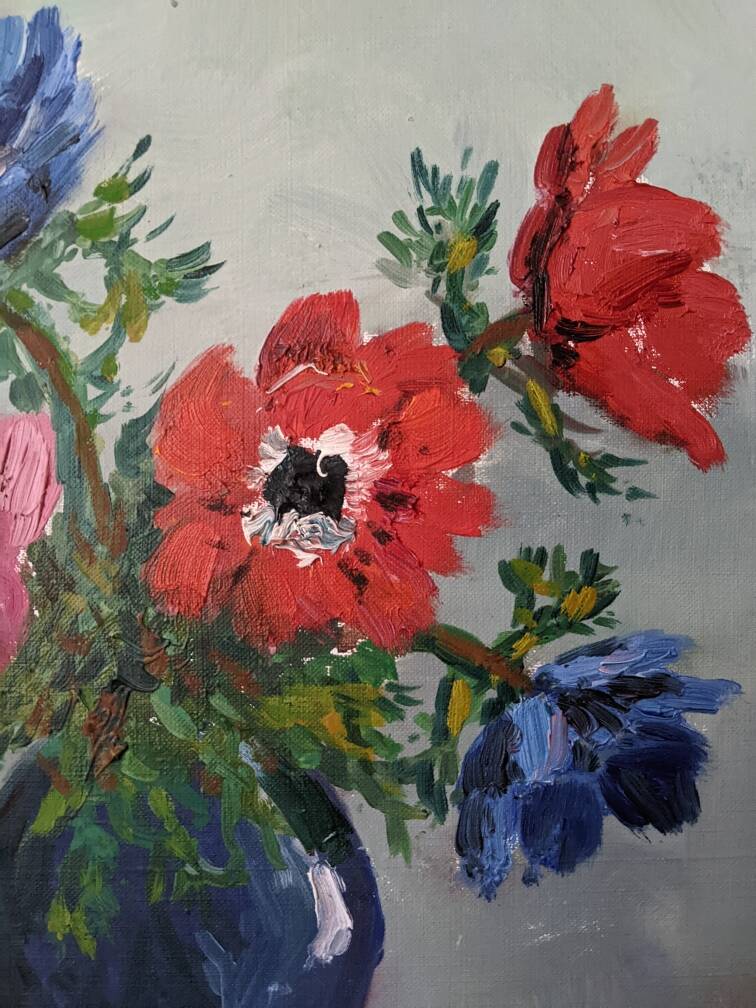 Acrylic painting on canvas, still life, anemones, bohemian countryside