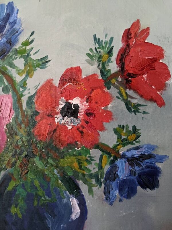 Tableau acrylique sur toile nature morte anémones campagne bohème