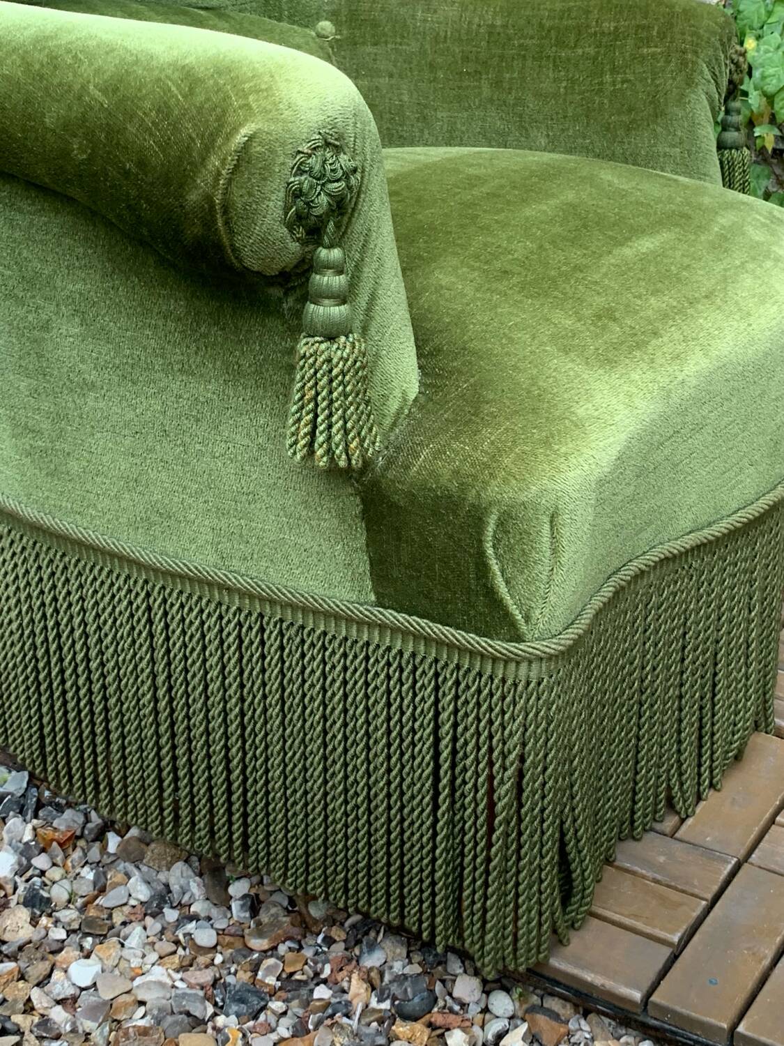 Pair of olive green velvet toad armchairs