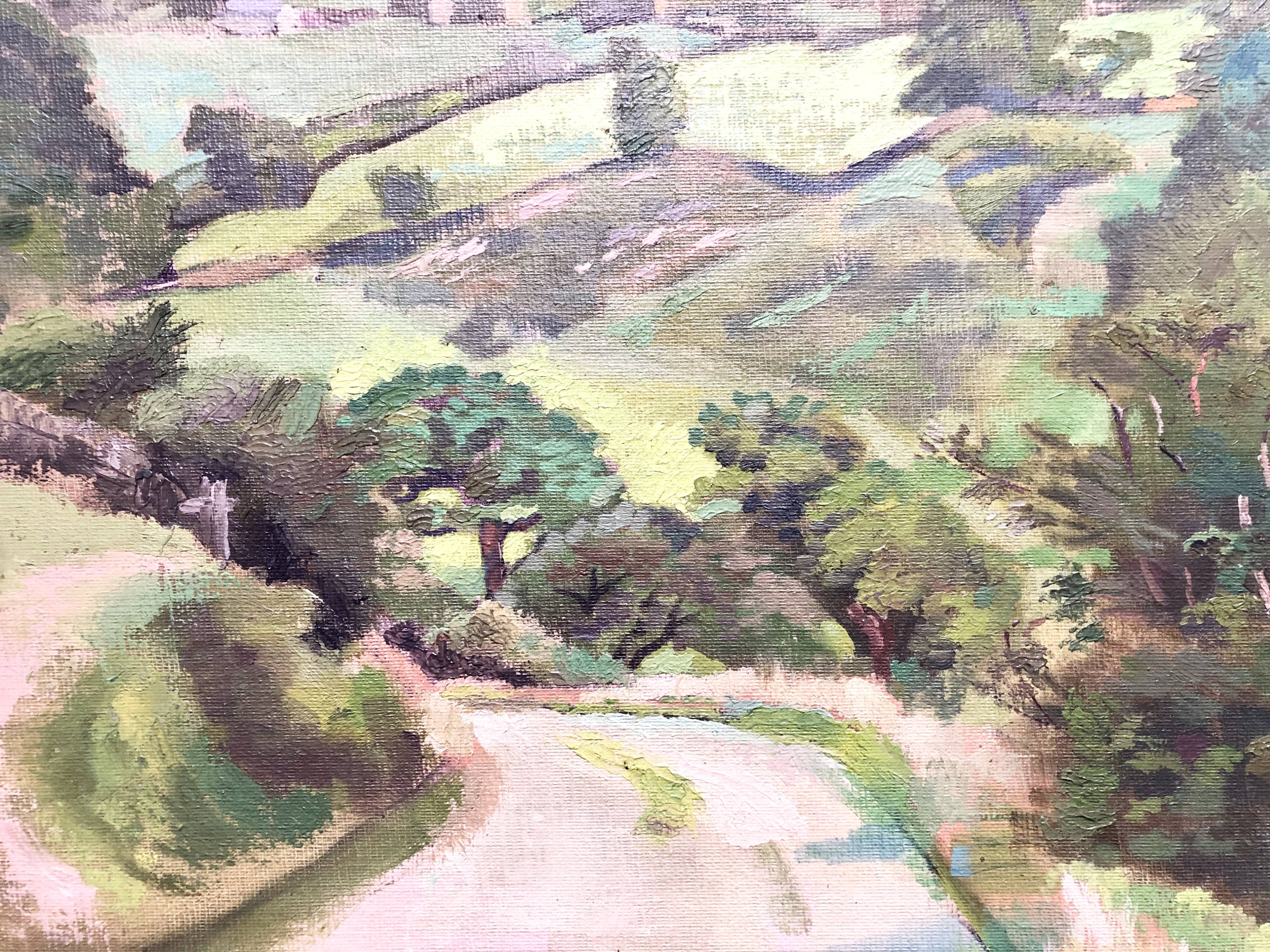 Oil on old cardboard depicting a hilly country landscape