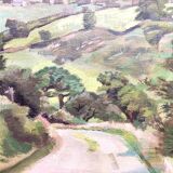 Oil on old cardboard depicting a hilly country landscape