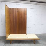French wardrobe with tapered legs, 3 doors, 1 mirror (27*130), and 1 drawer.