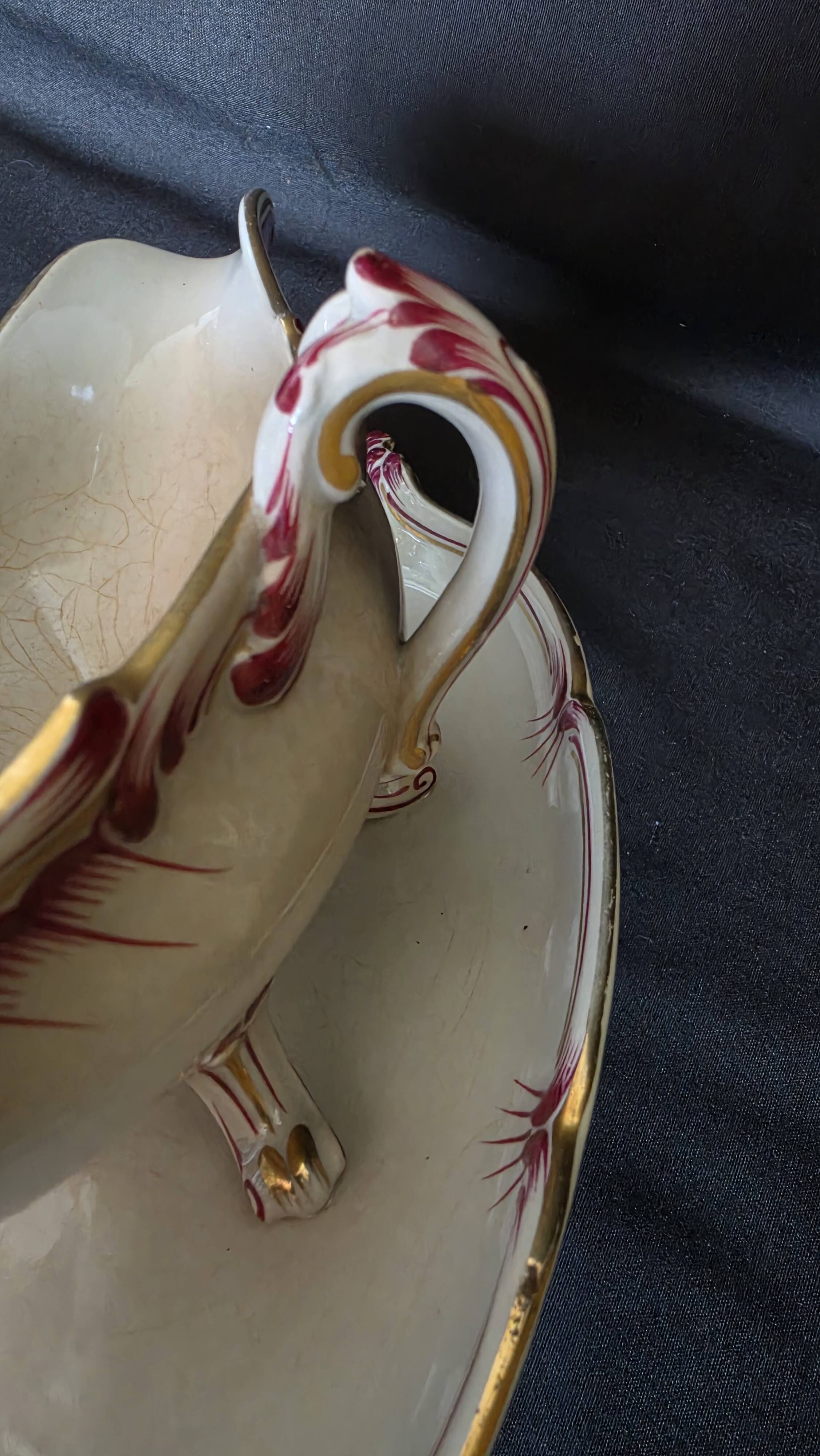 Antique sauce boat in fine earthenware from Sarreguemines, France, neo style.