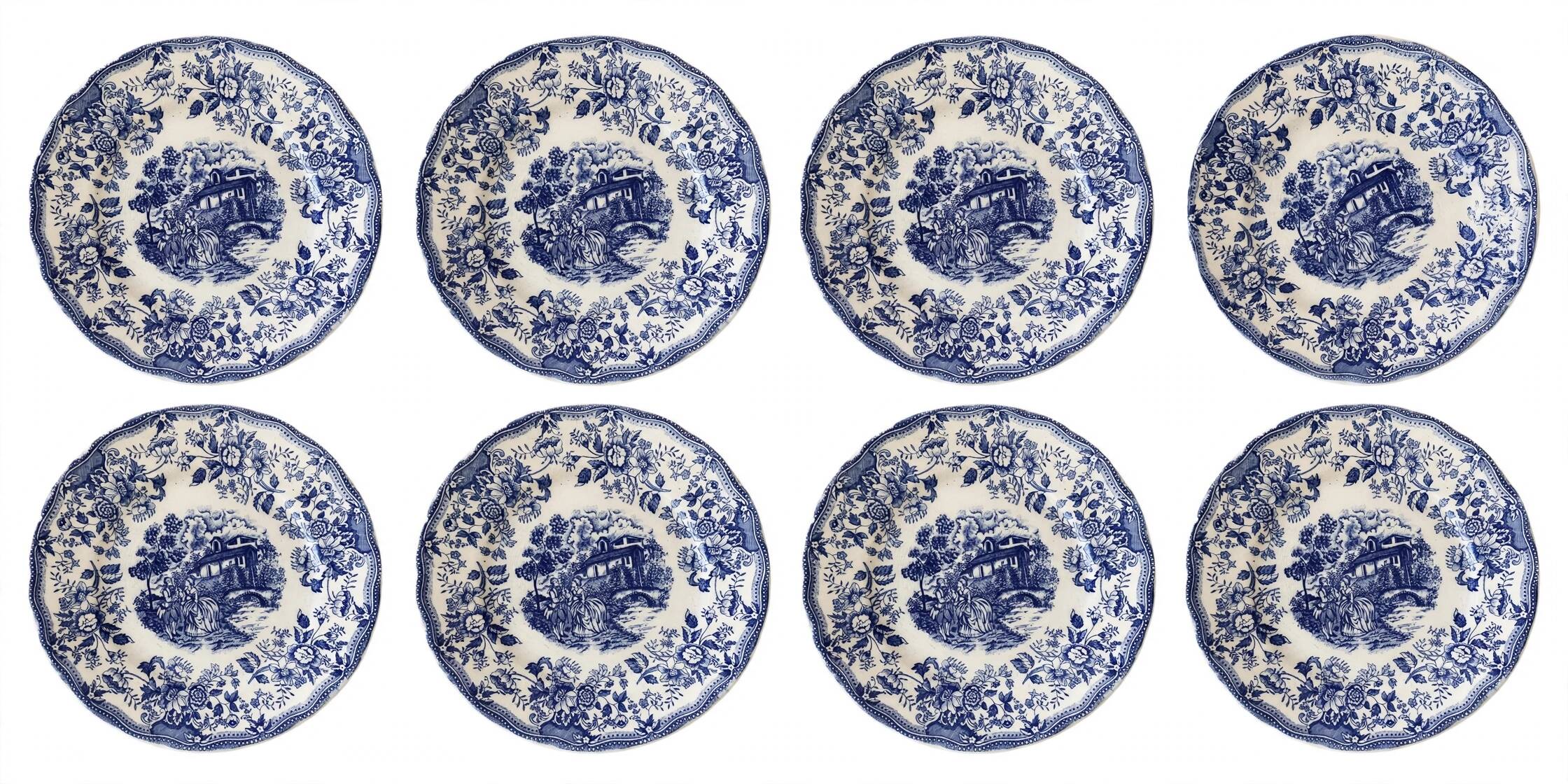 Lot de 8 assiettes Ironstone Tableware CBM bleu & white 1987 décor cottage