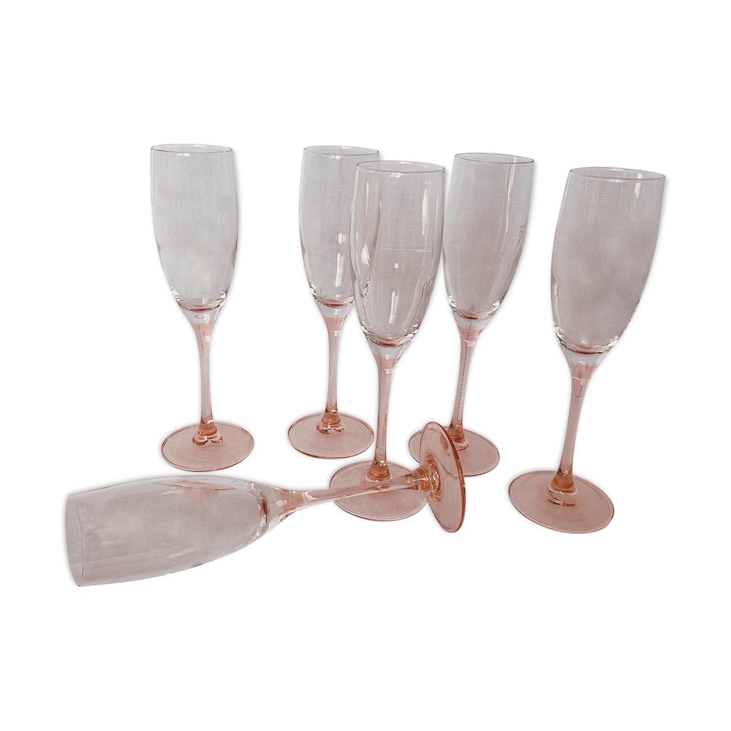 6 champagne flutes, pink walking glasses, Luminarc 70s