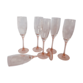 6 champagne flutes, pink walking glasses, Luminarc 70s