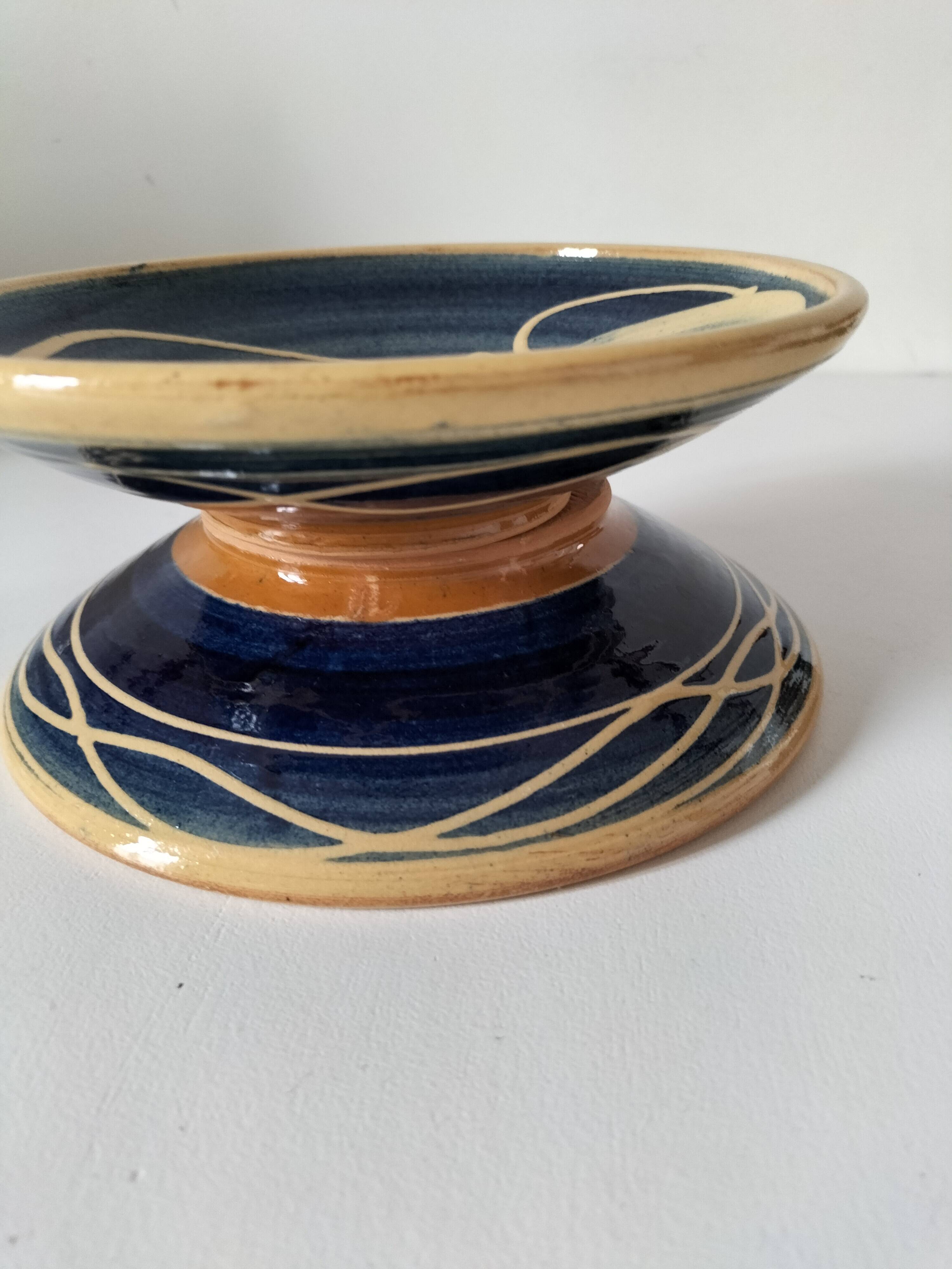 Pair of handcrafted bowls by Le Fer Rouge with blue and beige decor
