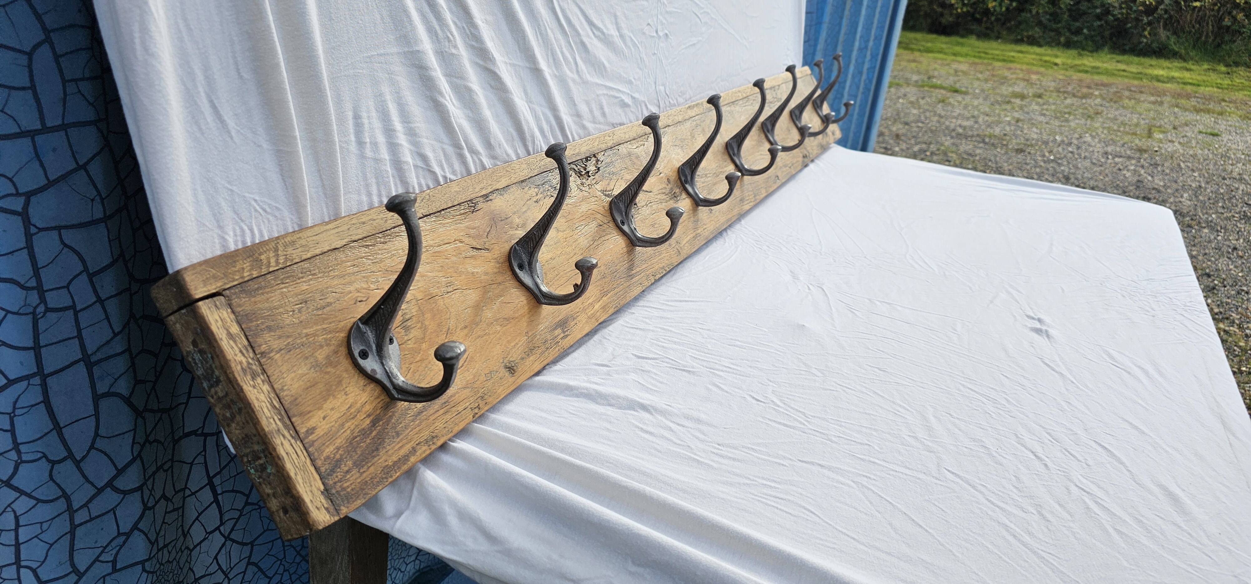 Teak coat rack with 8 double cast iron hooks