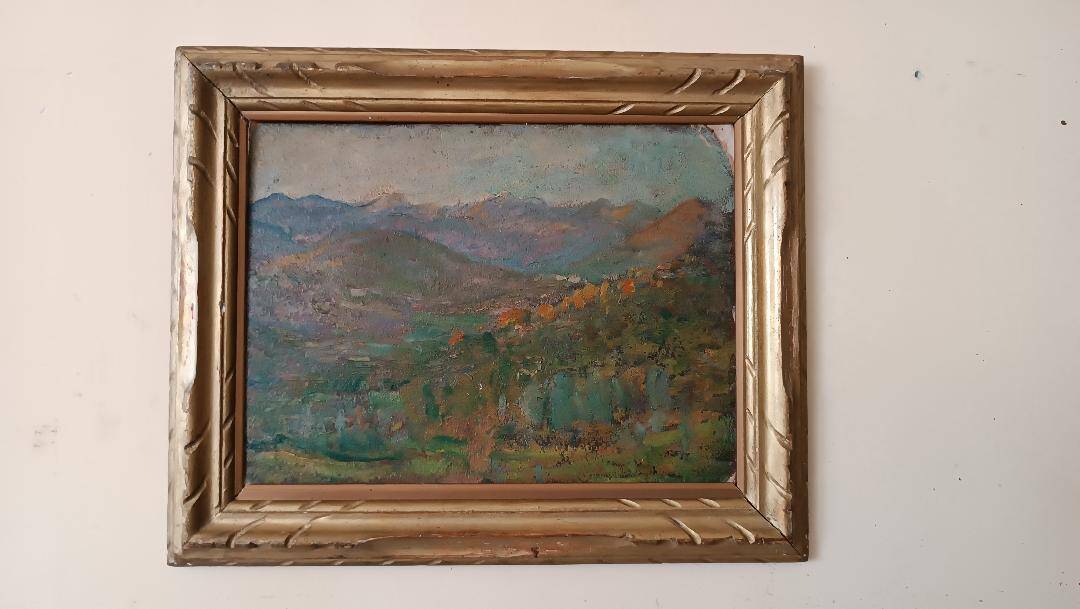 Peinture à l'huile de paysage impressionniste sur carton du début des années