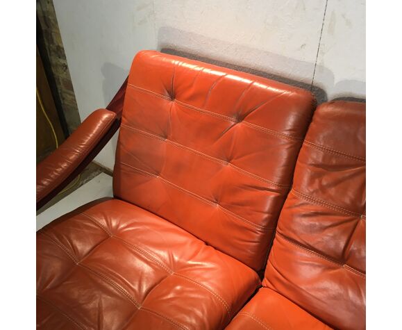 Wooden And Ochre Leather Sofa Selency, Petrie Leather Sofa