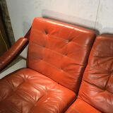 Wooden and ochre leather sofa