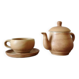 Vintage stoneware teapot and cup, "selfish" tea service, signed