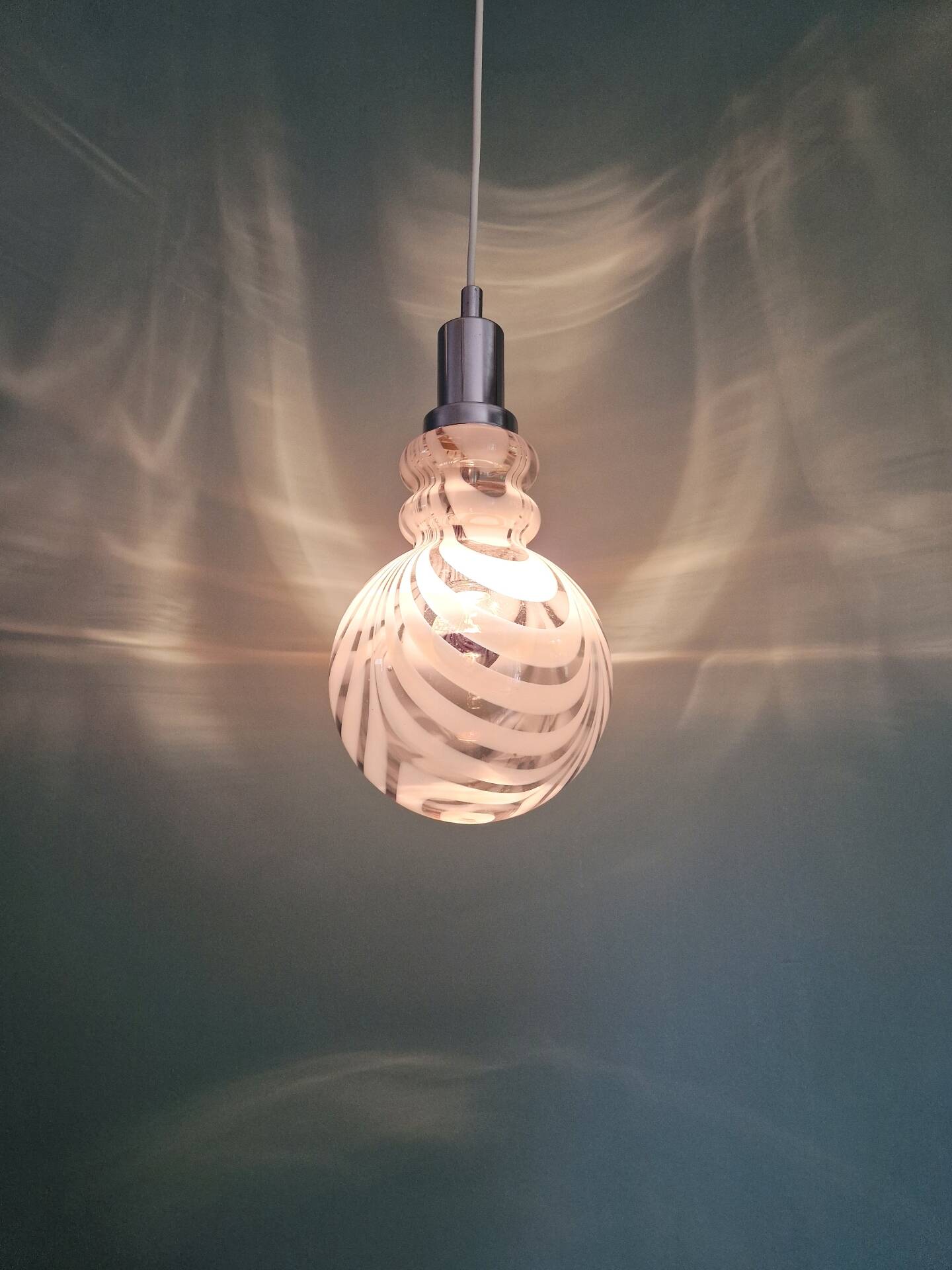 Smoked Murano glass pendant with white spirals, 1970s