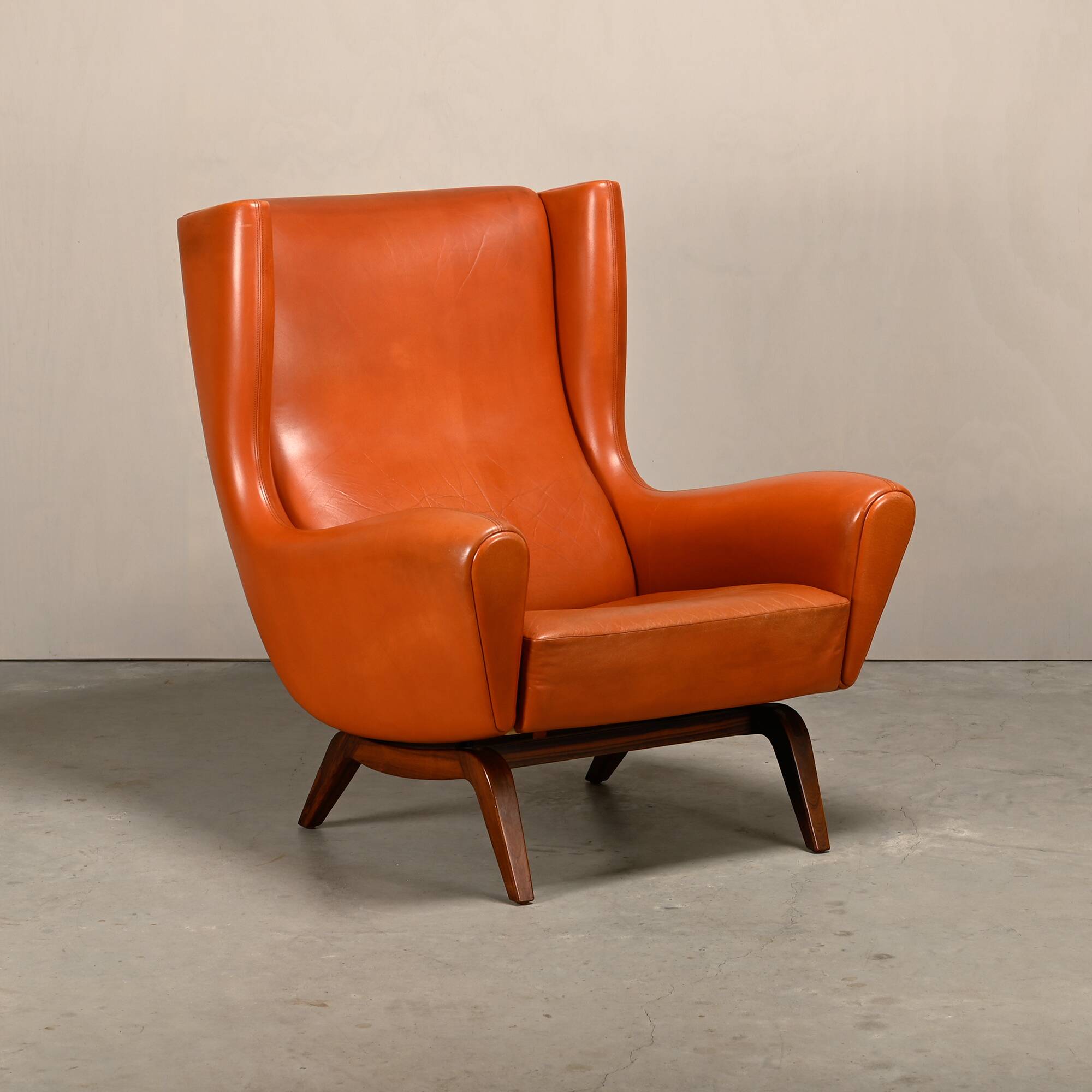 Illum Wikkelsø Wingback Armchair Model 110 in Cognac Leather, Denmark 1960s