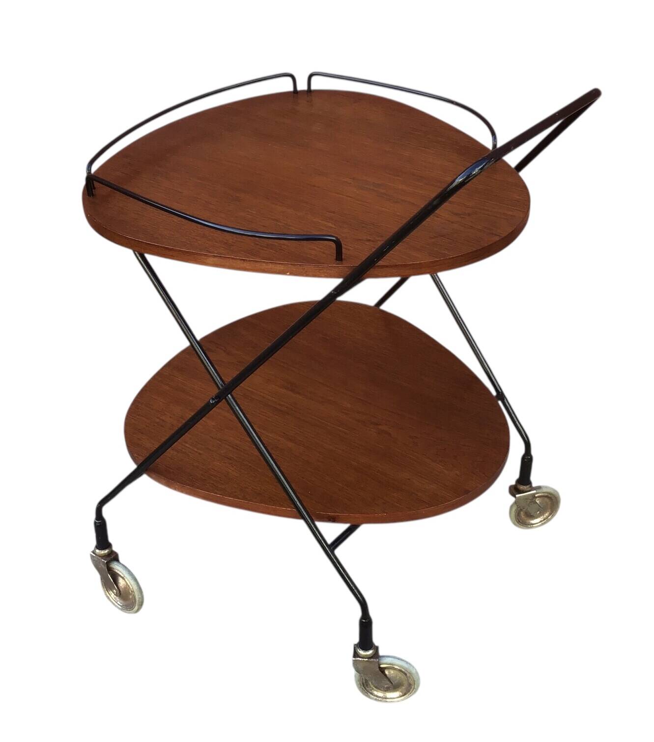 Vintage Scandinavian serving trolley in teak and metal, metal wheels, 1960s