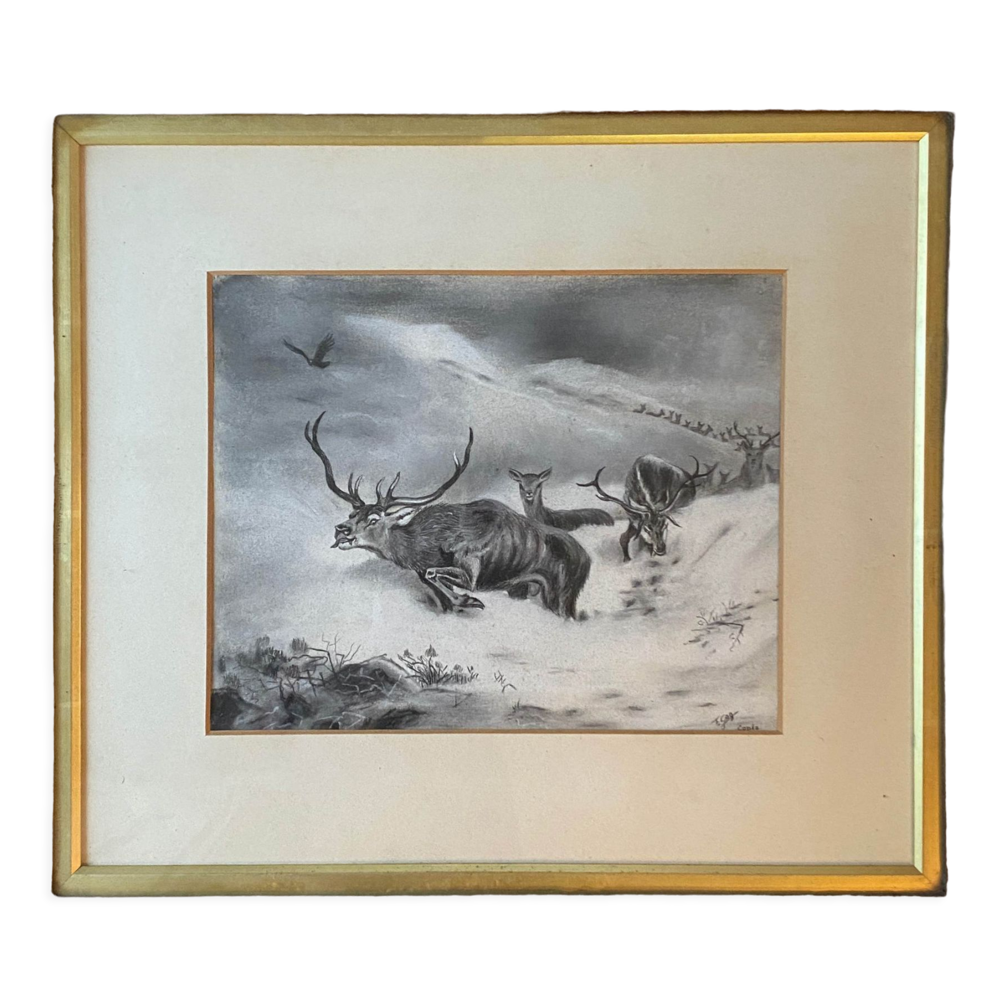 Painting Drawing "Deer in the snow" circa 1910 Gallery New York