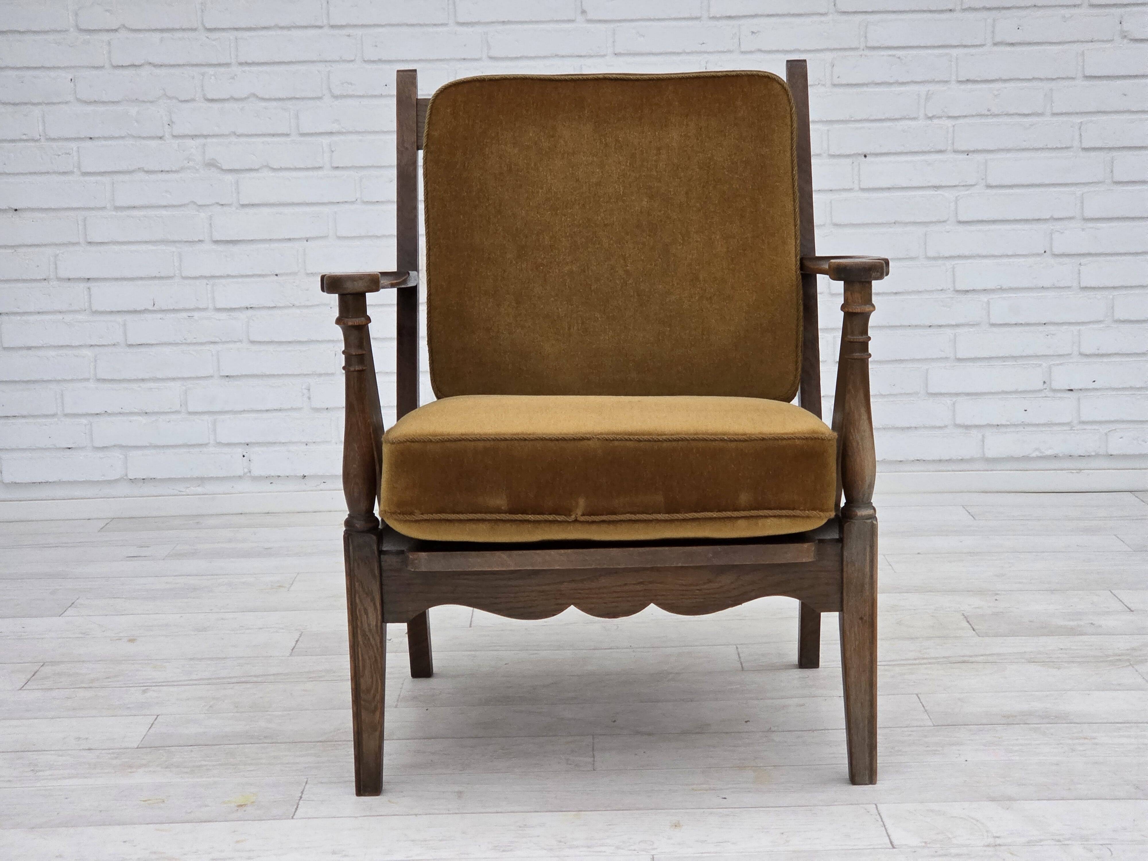 1950s, Danish vintage armchair, original green furniture velour, oak wood.