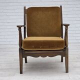 1950s, Danish vintage armchair, original green furniture velour, oak wood.