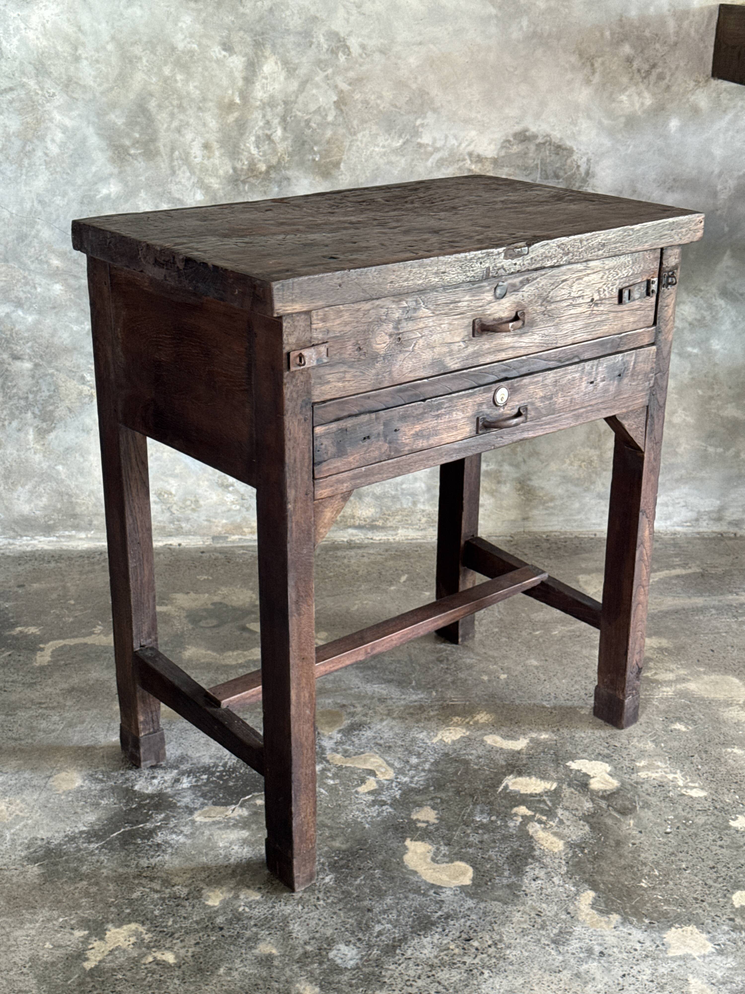 Antique Indonesian teak workbench with two drawers and stretcher H89.