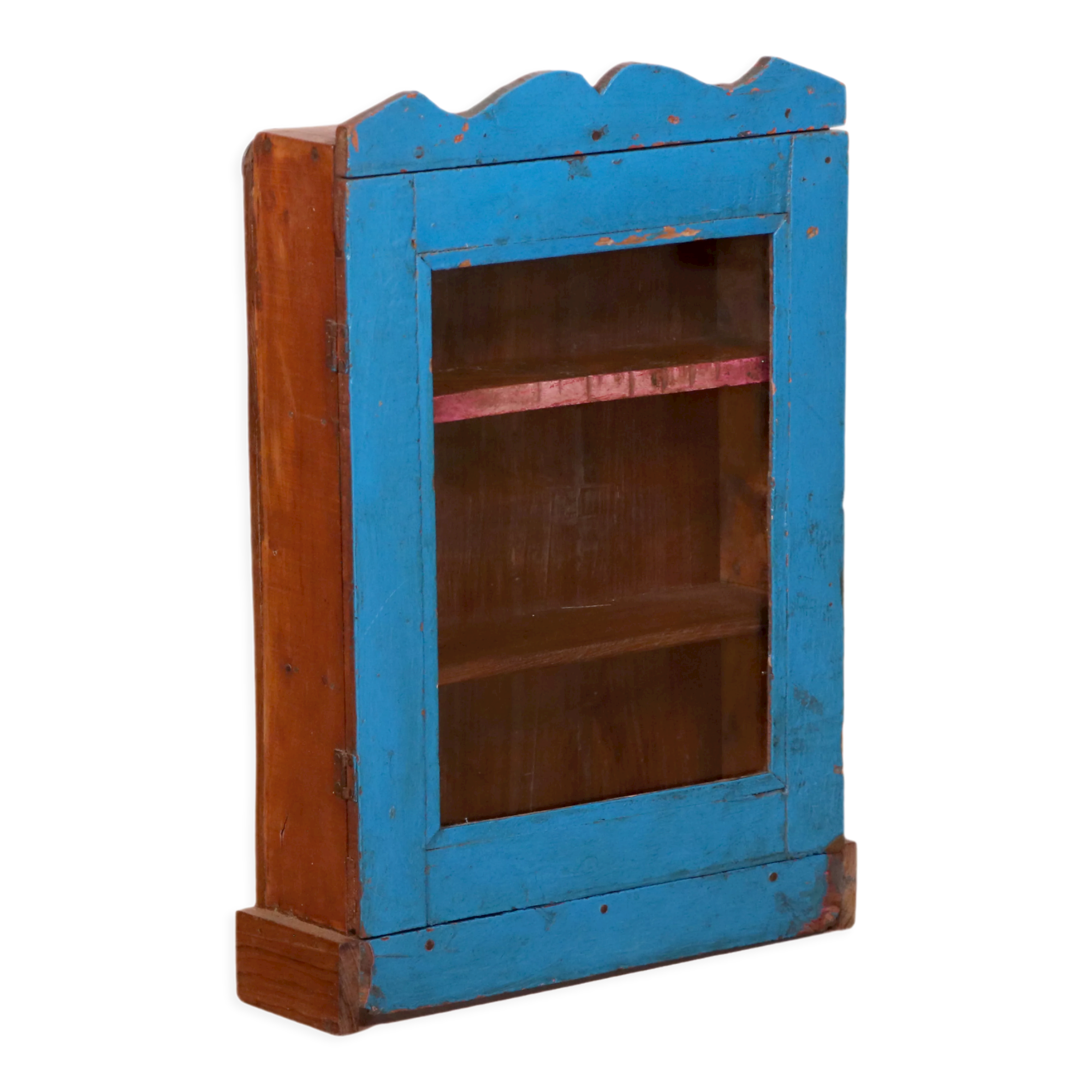 Old art deco wall display case in original blue teak burmese patina