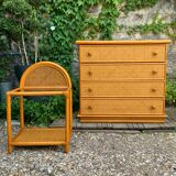 Chest of drawers and bedside table in rattan cane and oak, vintage 1970s