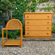 Dresser and its bedside table in rattan caning and vintage oak from the 1970s.
