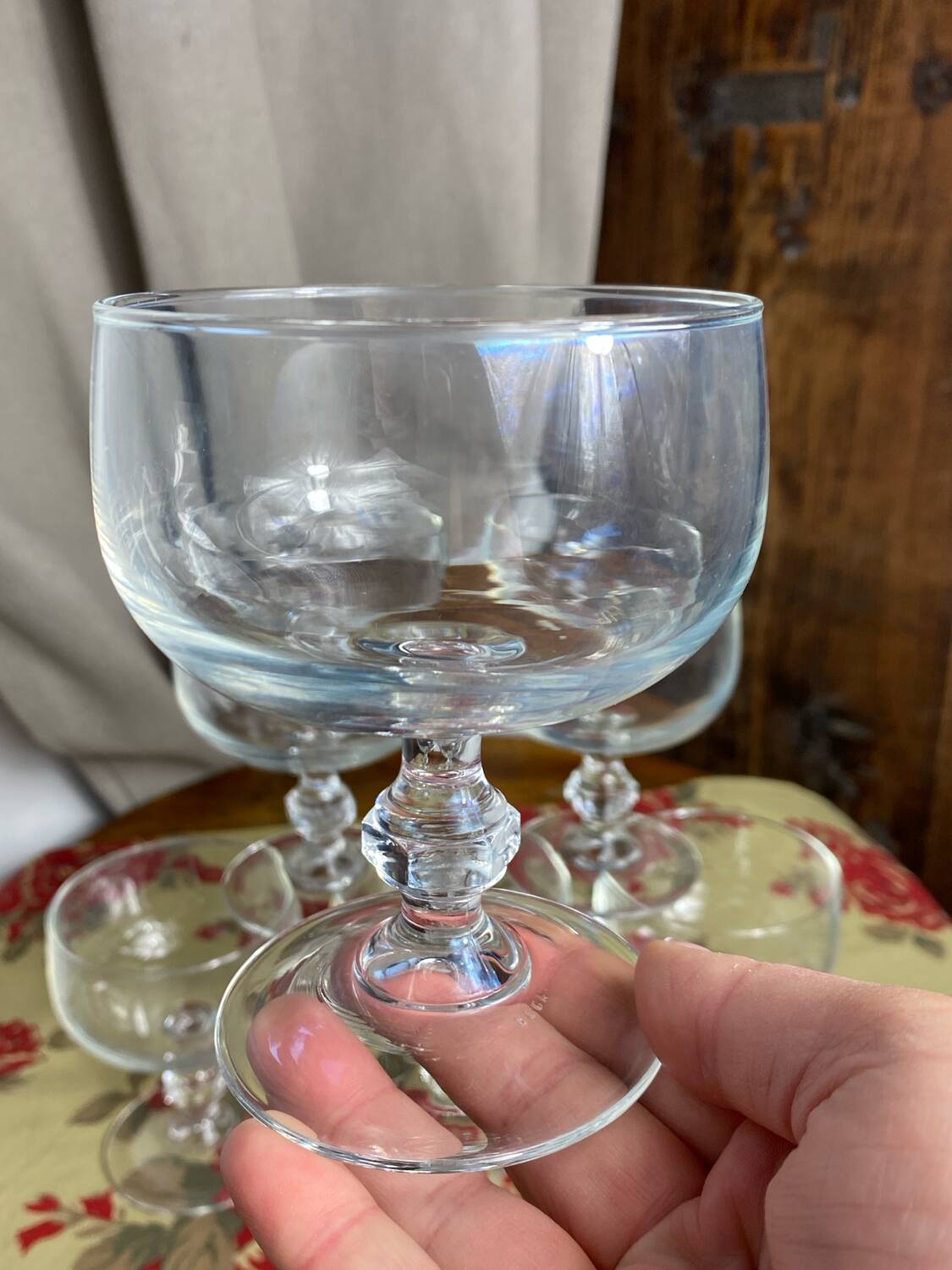 Six glass champagne or dessert glasses, Seca