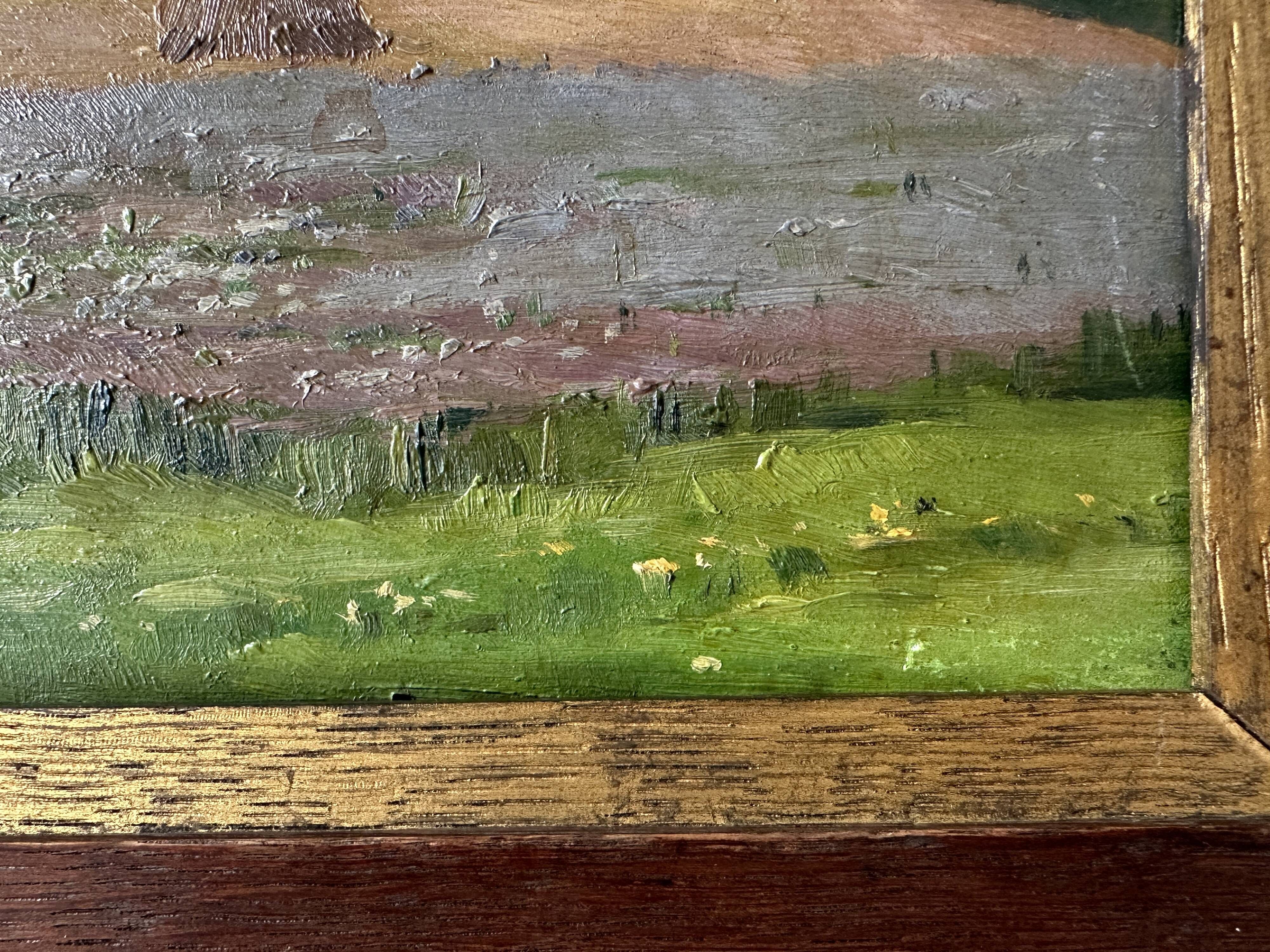 Old oil painting of a landscape on panel from 1920, haystacks.
