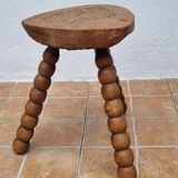 Rustic solid wood tripod stool with turned legs, 45 cm high
