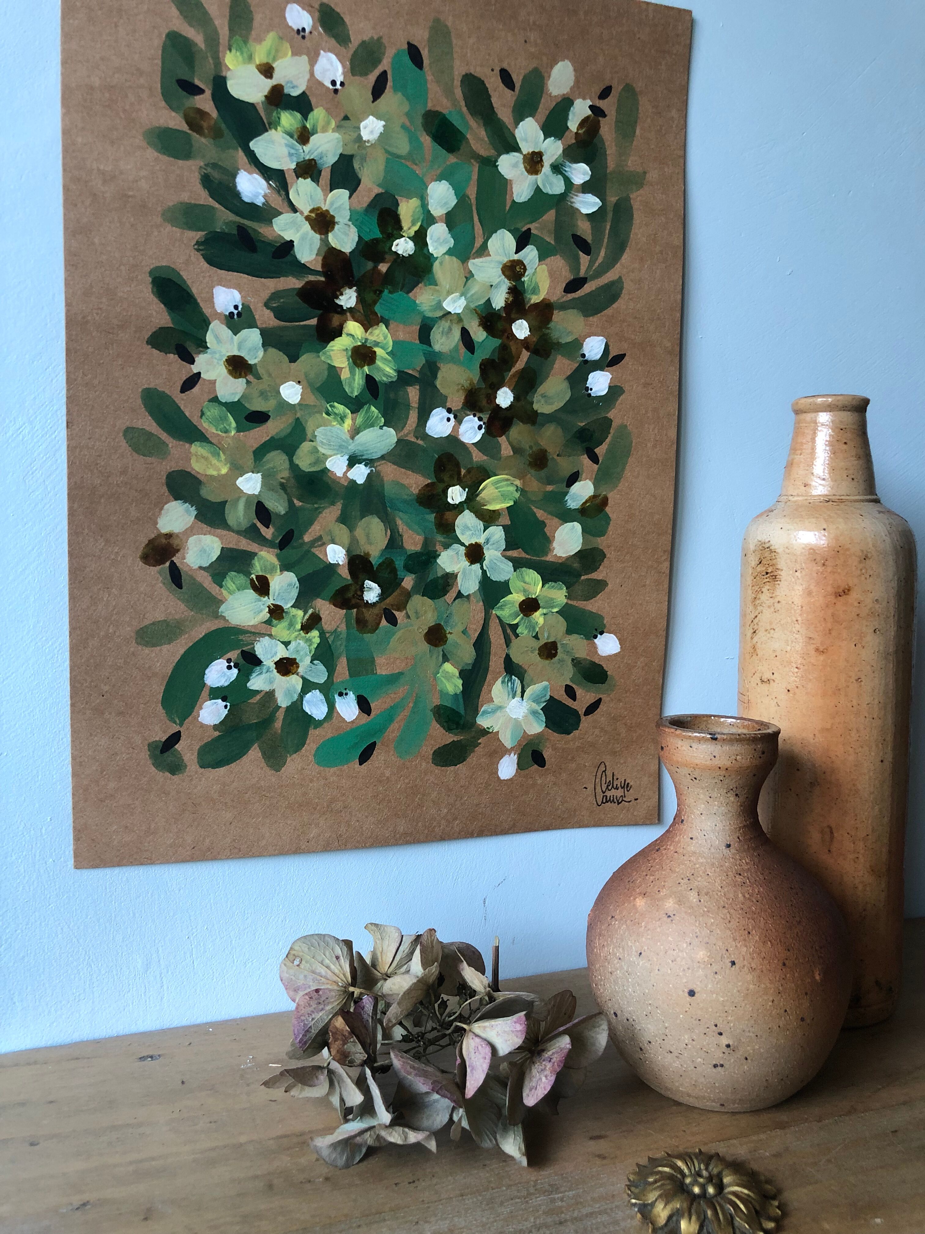 Painting a4 on paper flowers buds and green leaves by céline caux