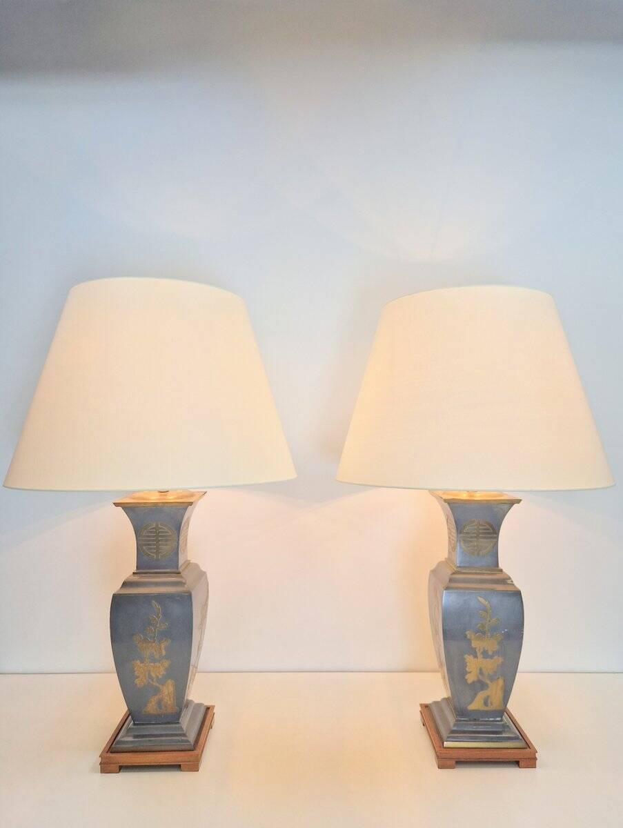 Vintage Asian Table Lamps in Pewter and Brass, 1950s, Set of 2
