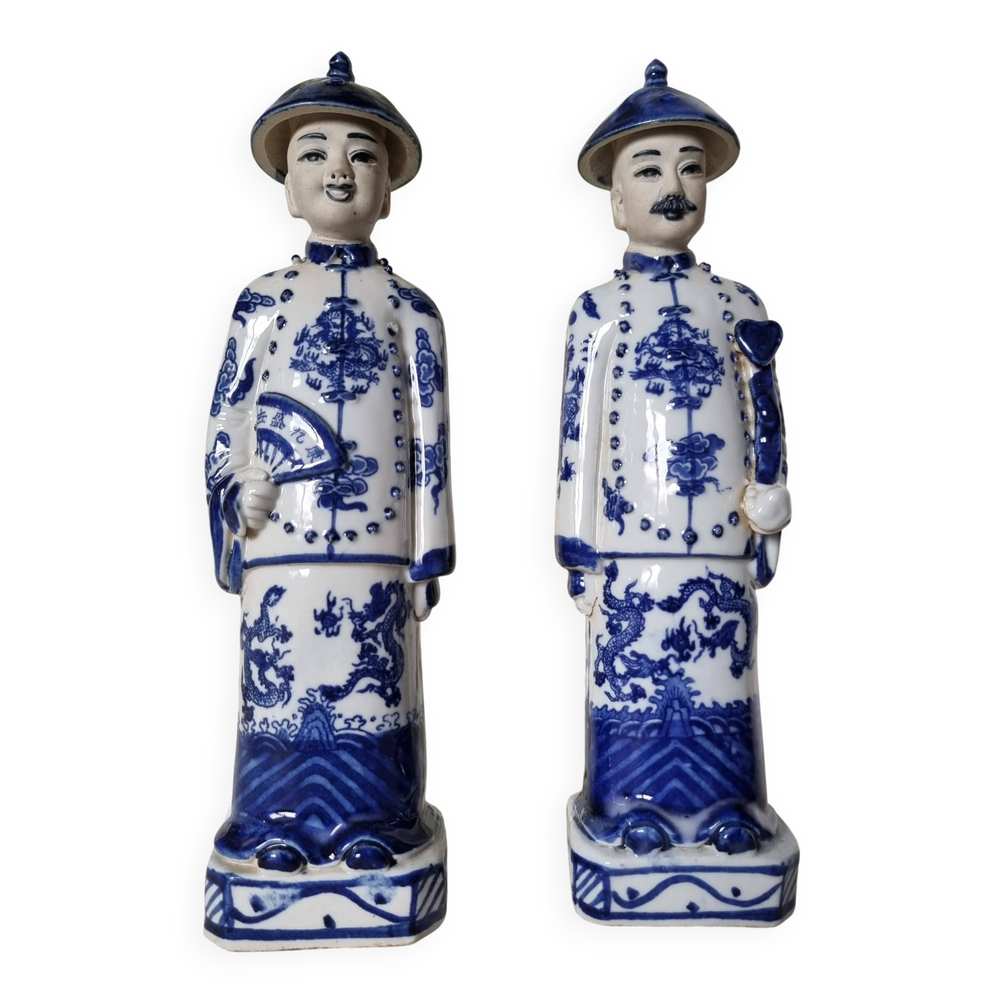 Pair of vintage Chinese blue and white porcelain figurines depicting