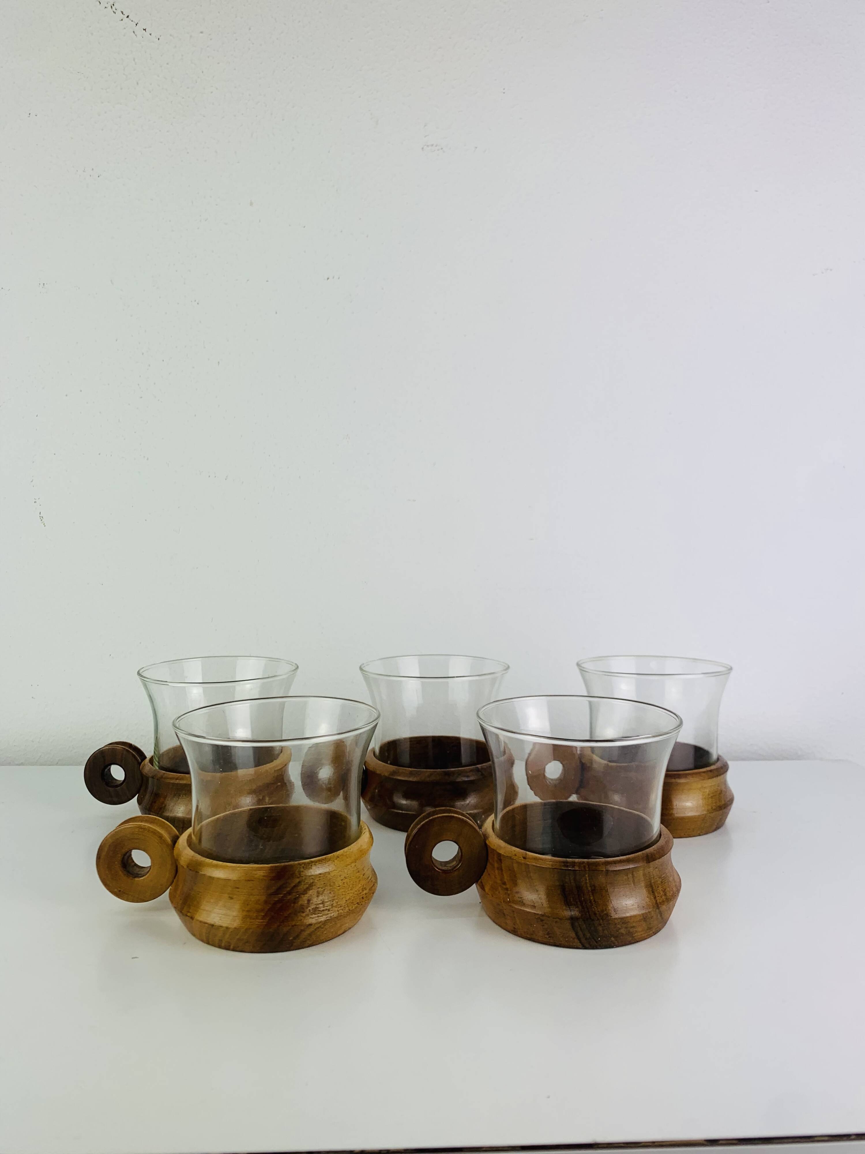 5 glass and teak cups in Scandinavian style, 1960s