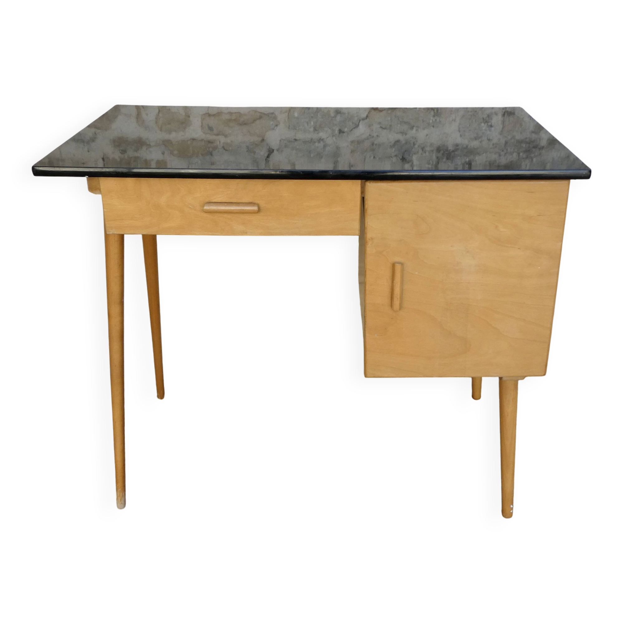 Baumann desk in light wood and black Formica, around 1960.