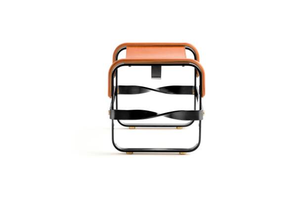 Smoked Black Steel Footrest and Natural Tobacco Leather, Contemporary Style
