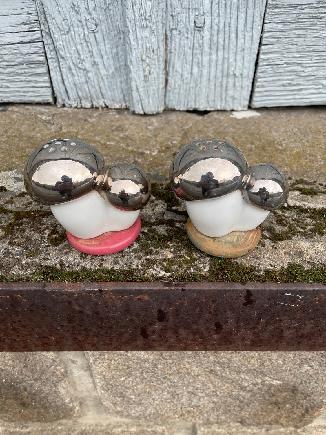 Antique porcelain salt and pepper shaker with mushrooms