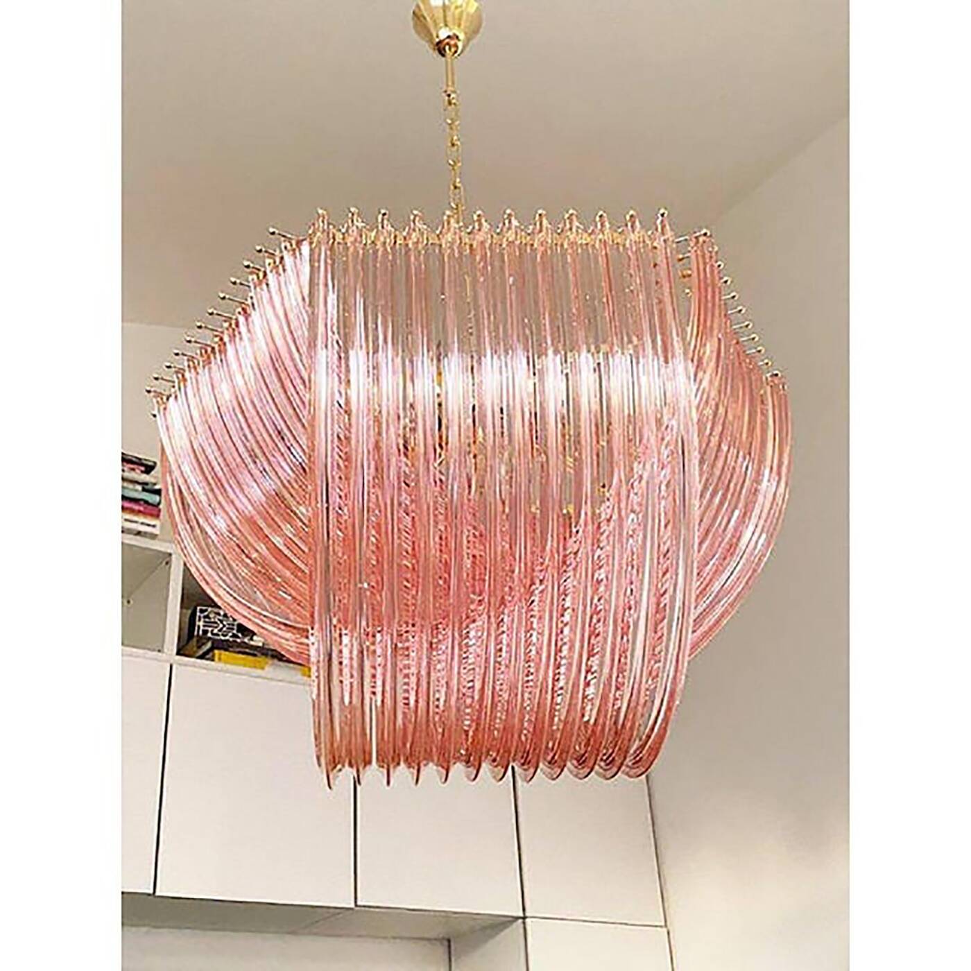 Glass Chandelier Arc in Pink Color With Gold Metal Frame